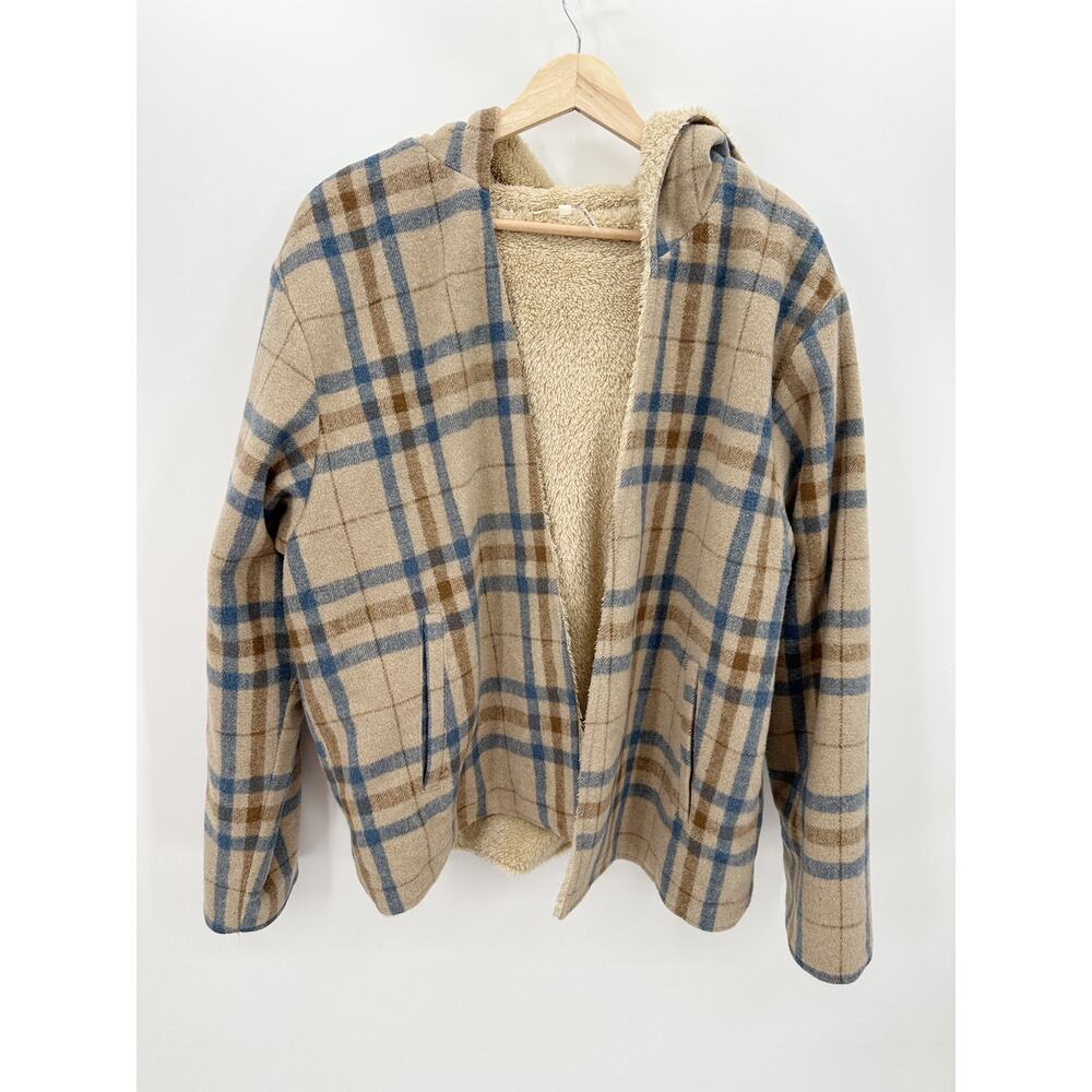Entro Women Tan Blue Plaid Open Front Fur Lined Shacket Hood Wool Blend Size L